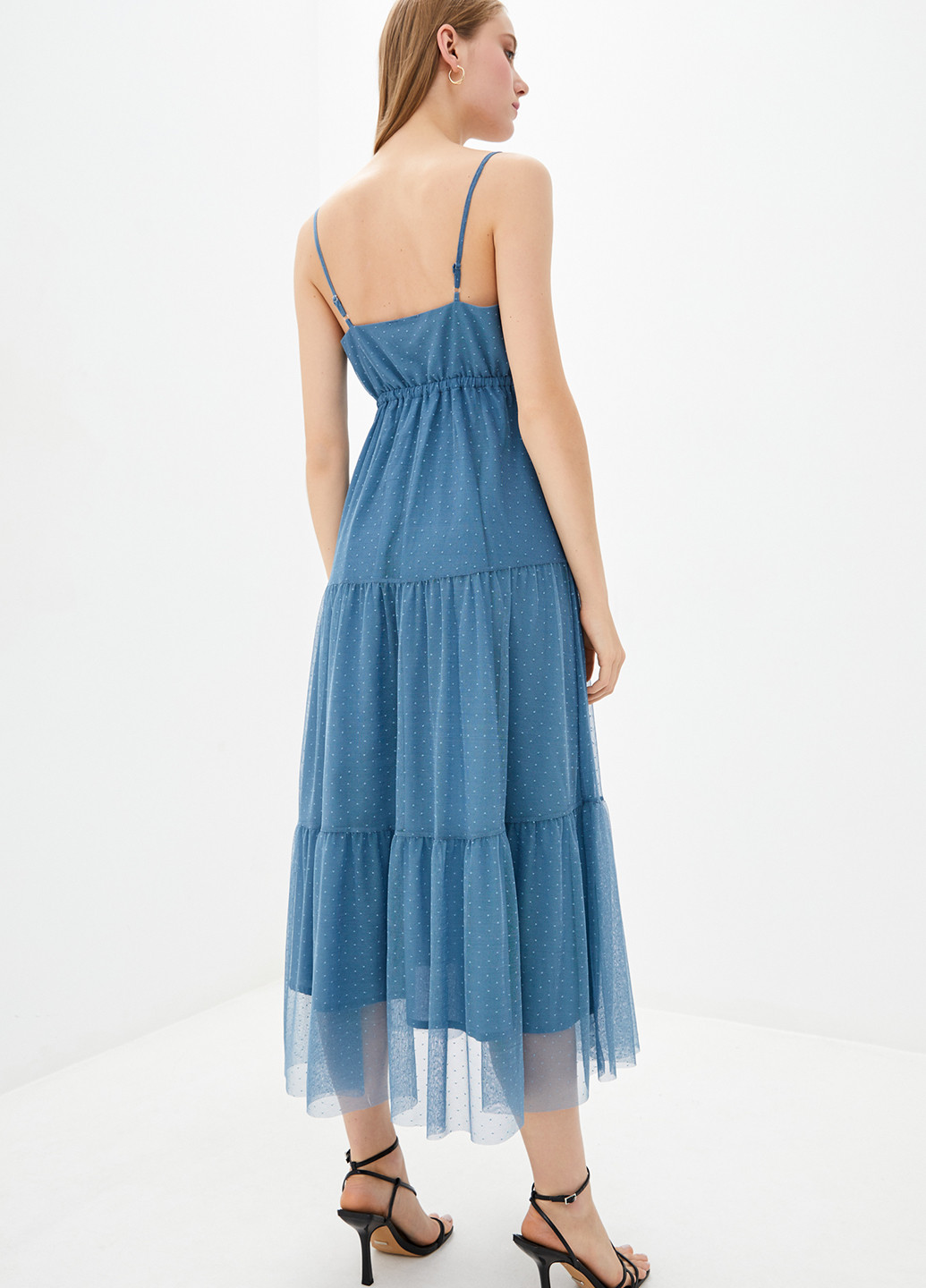 Блакитна коктейльна сукня в стилі армпір GENEVIE в горошок