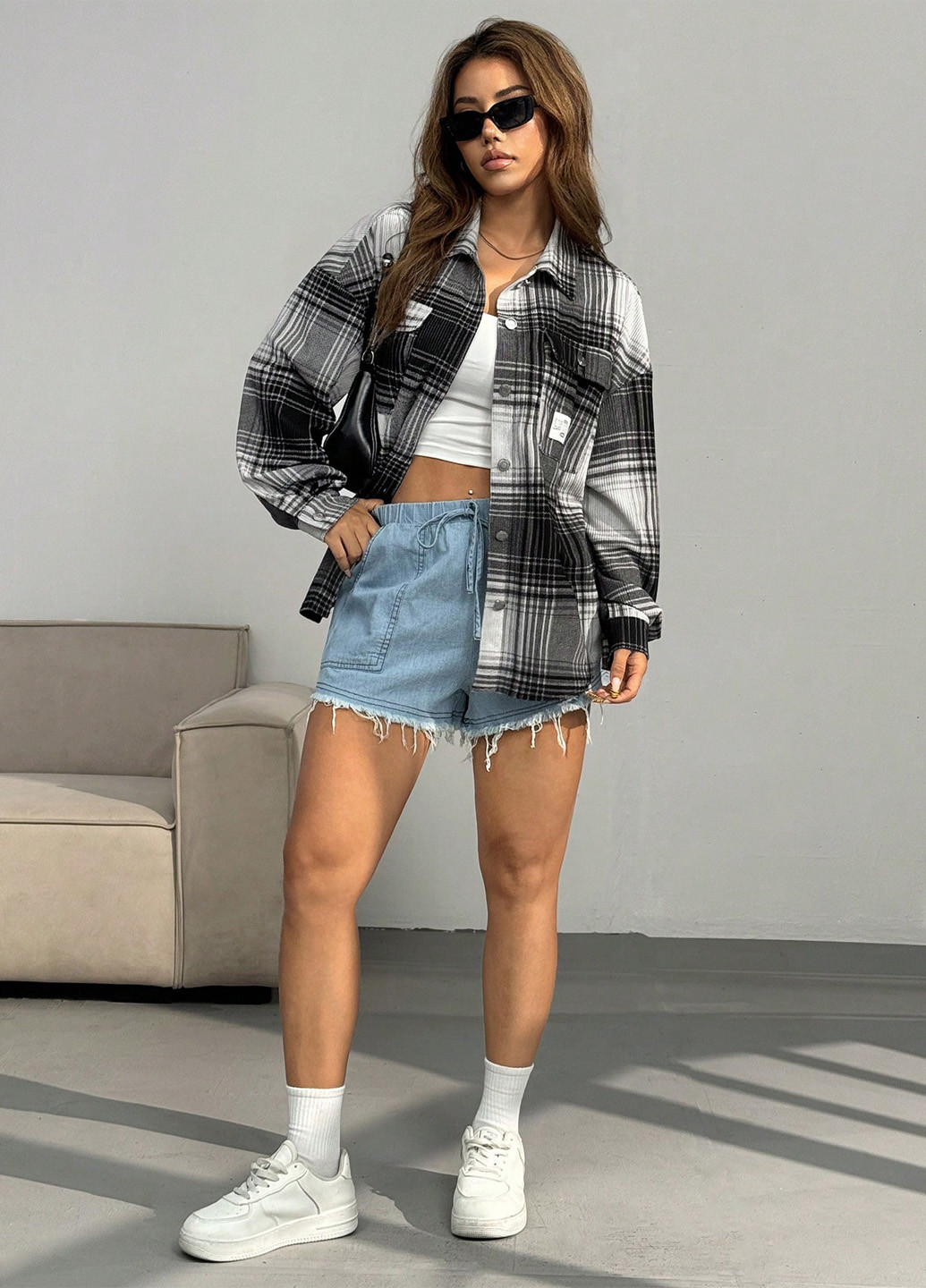 Черно-белая кэжуал рубашка в клетку SHEIN