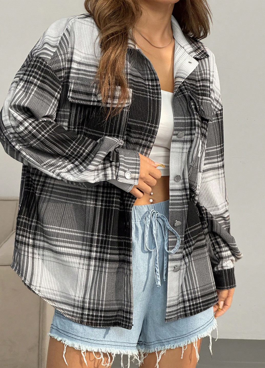 Черно-белая кэжуал рубашка в клетку SHEIN