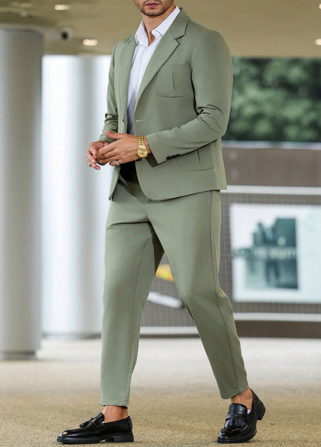 Сіро-зелений демісезонний костюм (піджак, штани) брючний SHEIN