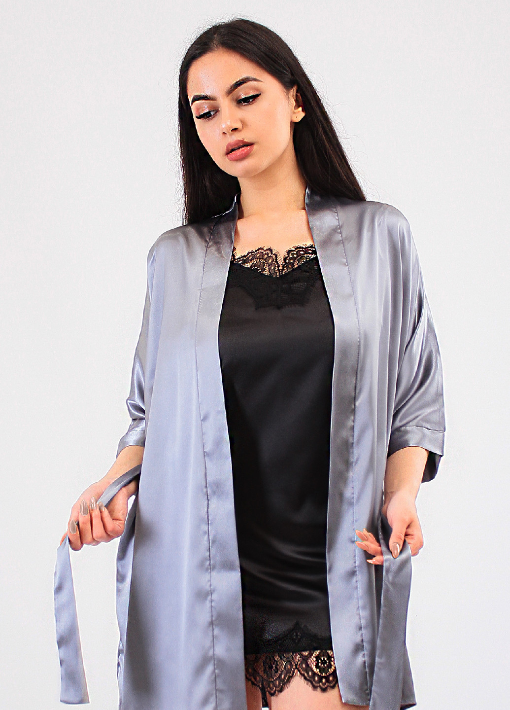 Светло-серый демисезонный комплект (ночная рубашка, халат) Ghazel