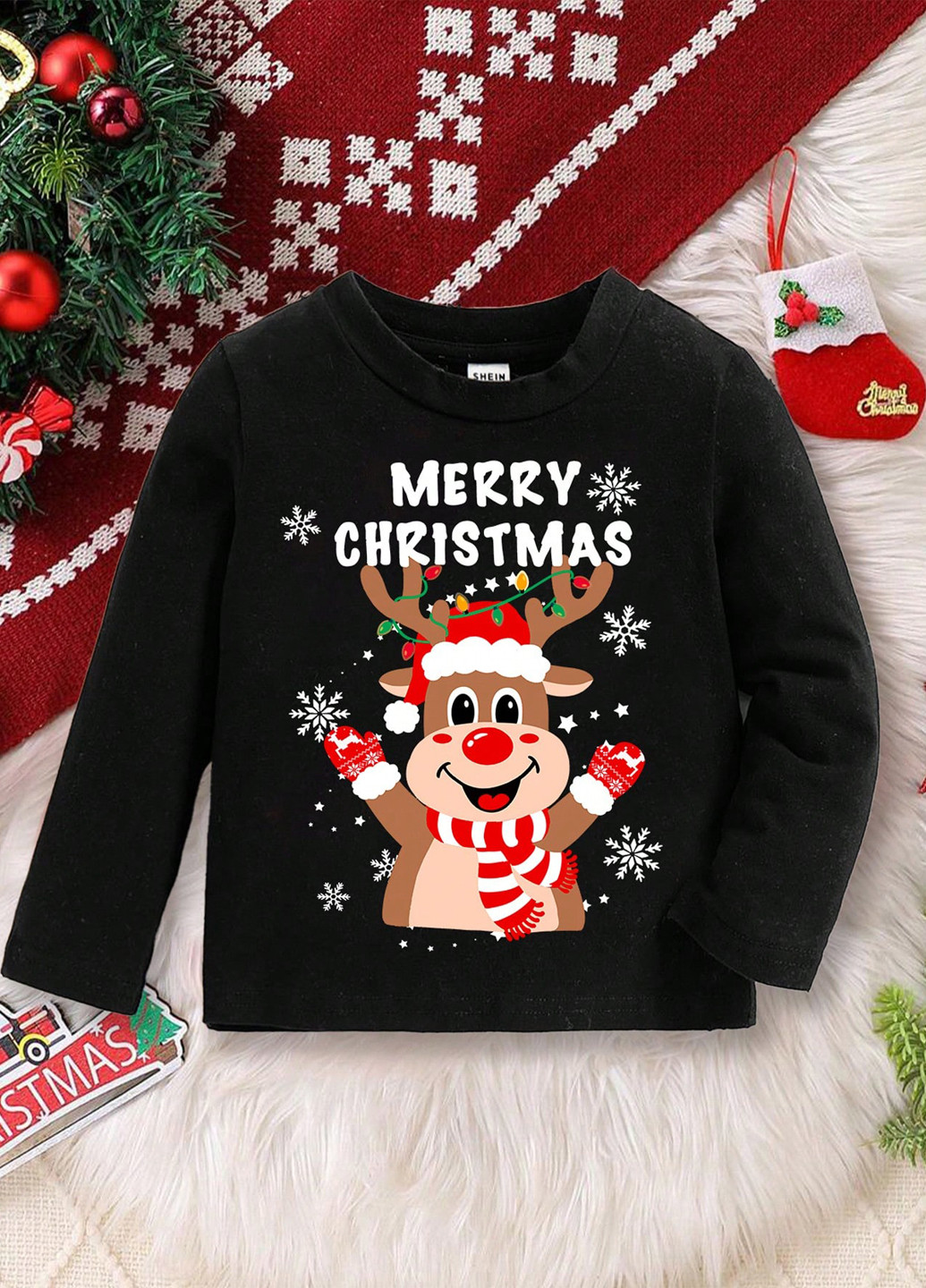 Черный демисезонный кэжуал лонгслив SHEIN новогодний