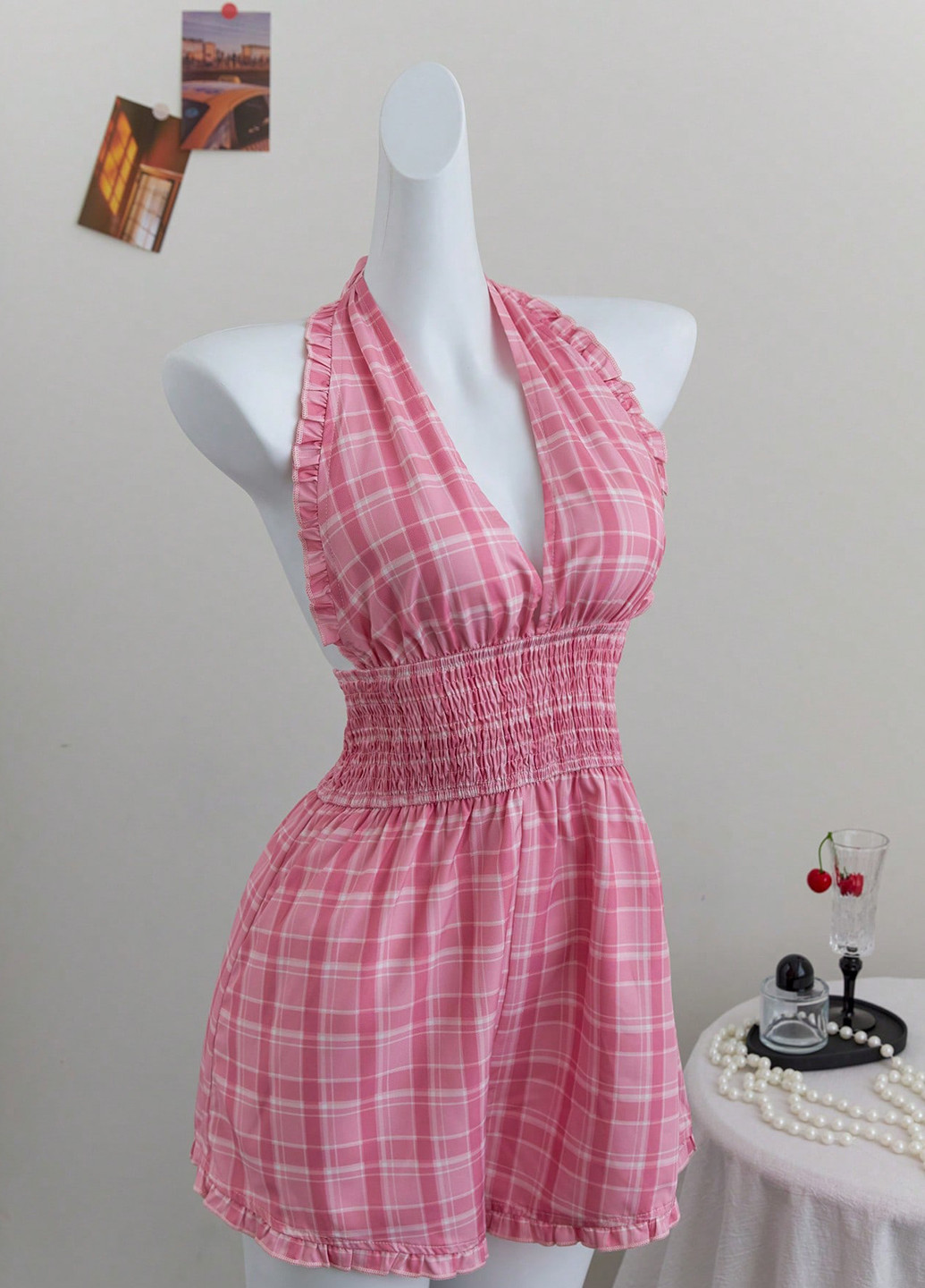 Комбінезон SHEIN комбінезон-шорти клітинка рожевий кежуал поліестер