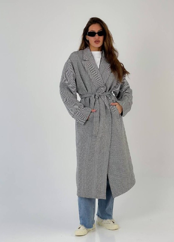 Сіре демісезонне Довге пальто на запах із поясом ZF inspire