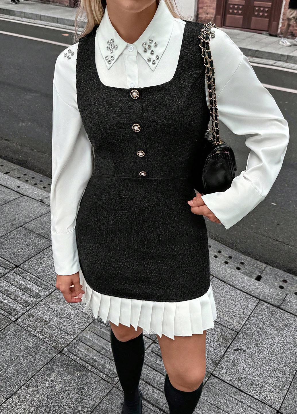 Черно-белое кэжуал платье а-силуэт SHEIN однотонное