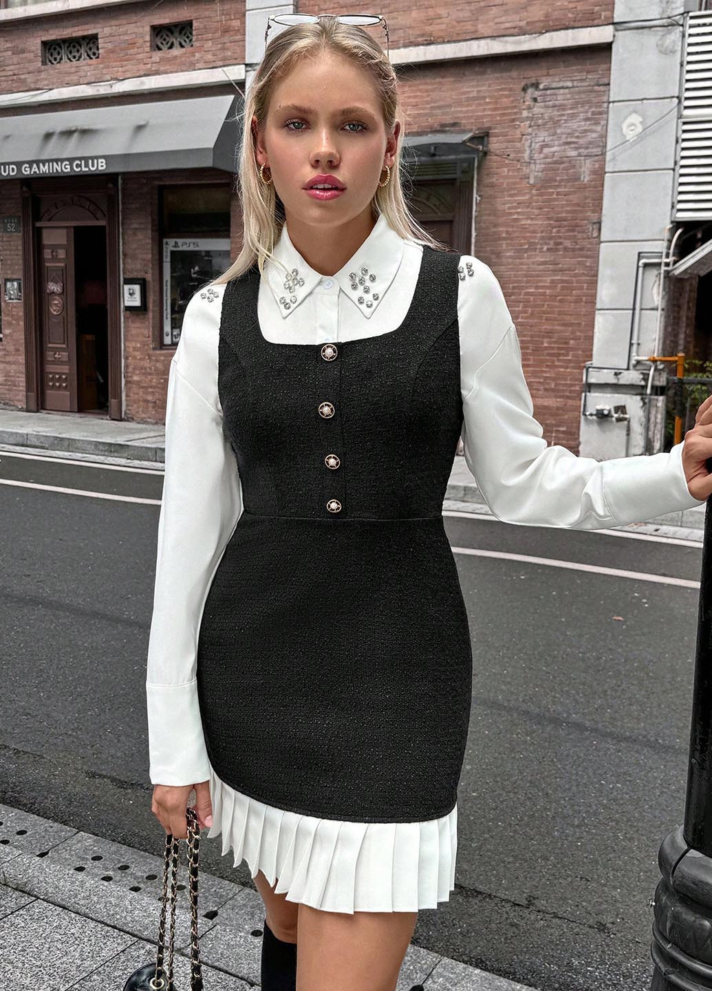 Черно-белое кэжуал платье а-силуэт SHEIN однотонное