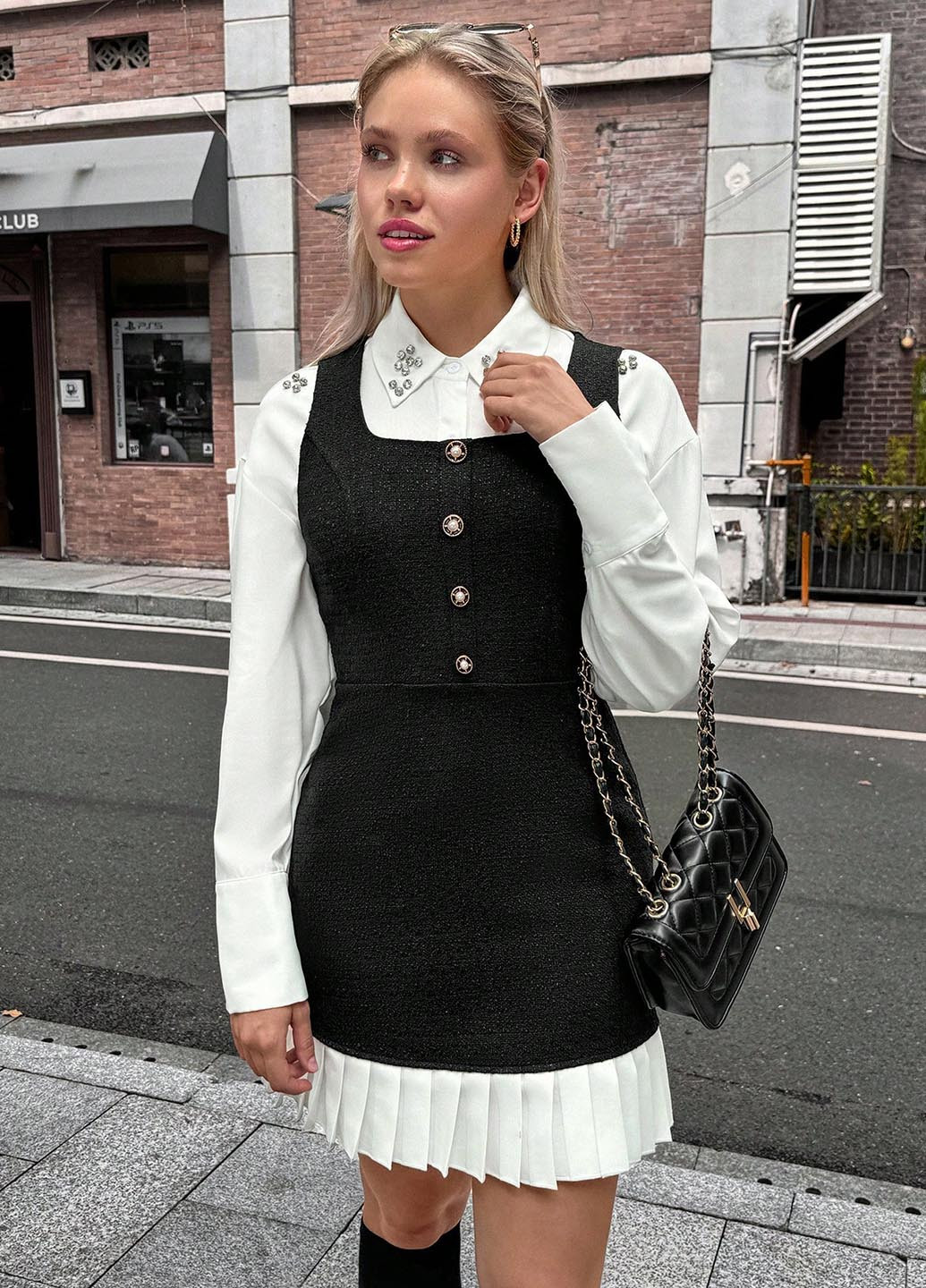 Черно-белое кэжуал платье а-силуэт SHEIN однотонное