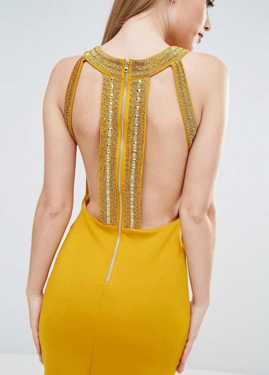 Желтое коктейльное платье с открытой спиной, футляр Tfnc однотонное