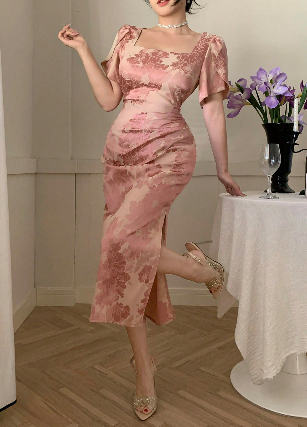 Розово-коричневое праздничный платье футляр SHEIN с цветочным принтом