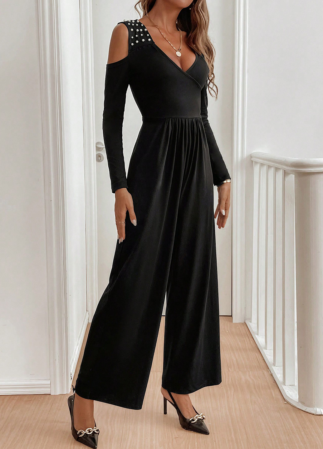 Комбинезон SHEIN комбинезон-брюки однотонный чёрный вечерний полиэстер