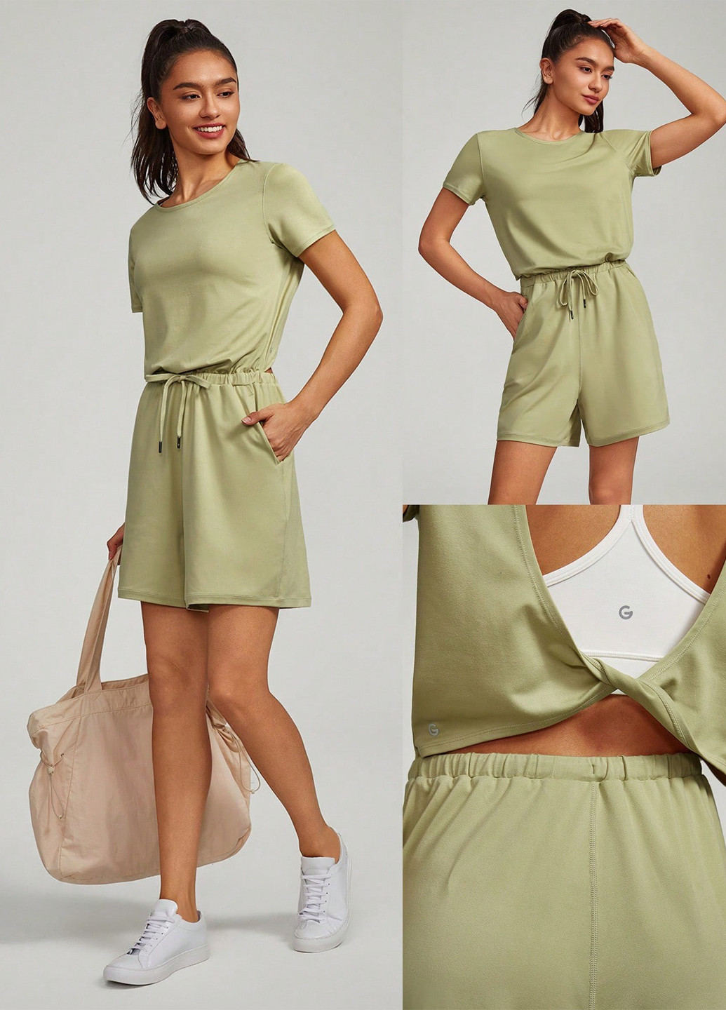 Комбінезон SHEIN комбінезон-шорти однотонний оливковий спортивний поліестер