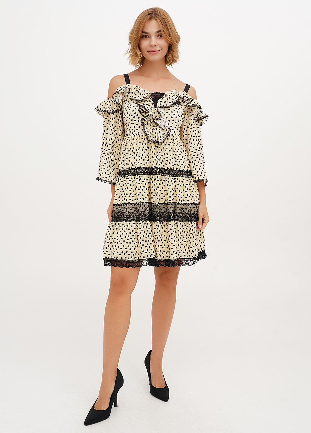 Жовтий кежуал сукня кльош, з відкритими плечима Vicolo в горошок