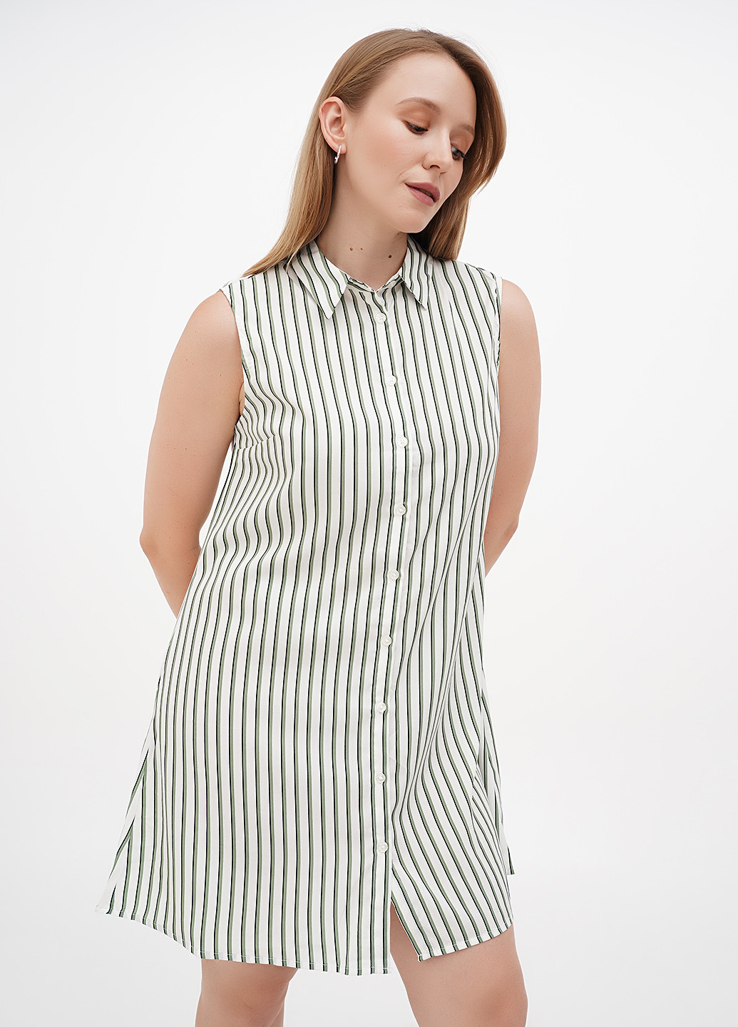 Зеленое кэжуал платье рубашка, а-силуэт Terranova в полоску