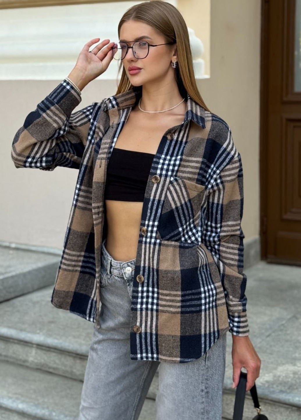 Темно-синяя кэжуал рубашка в клетку No Brand