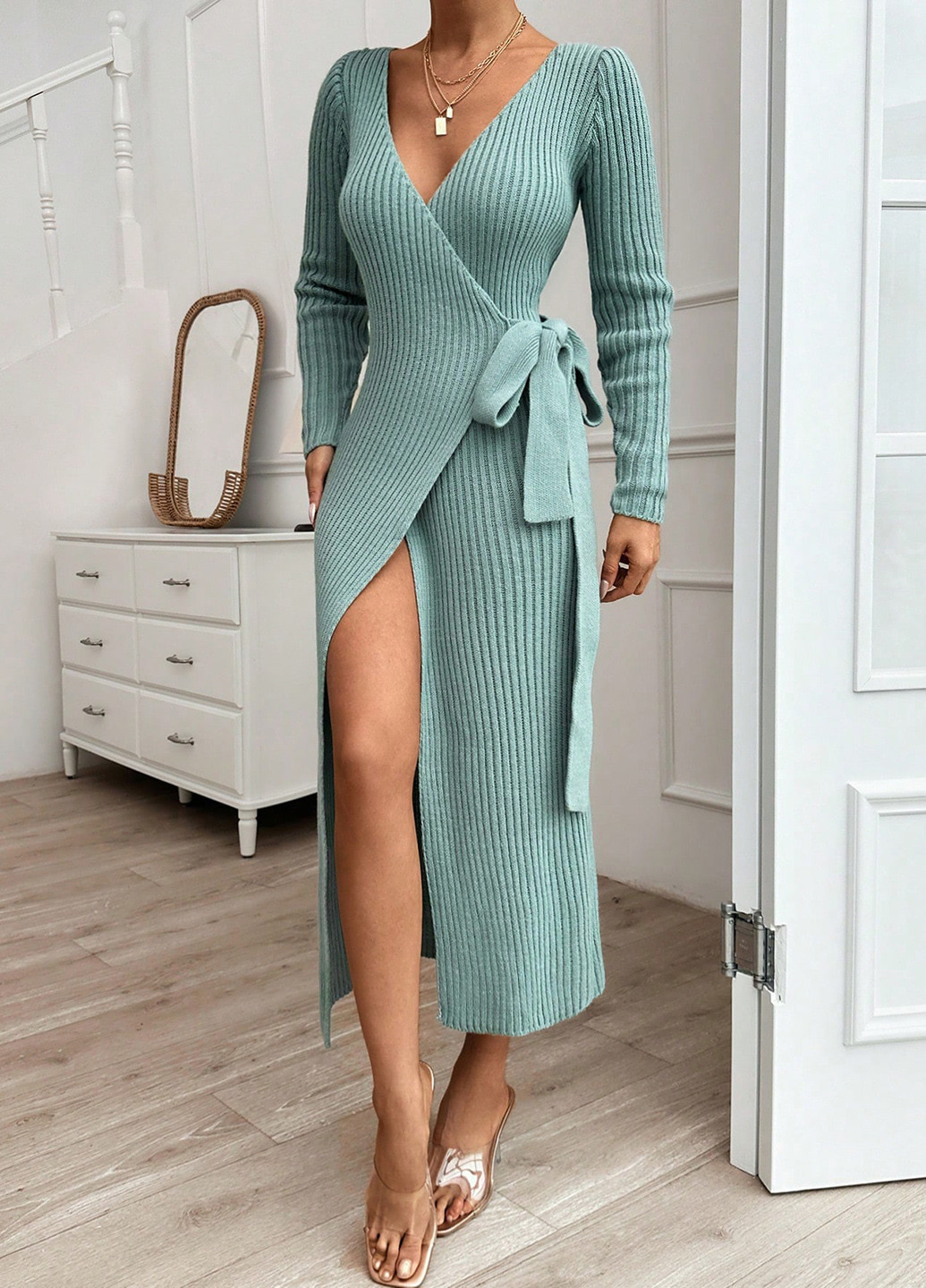 Светло-бирюзовое праздничный, кэжуал платье на запах, платье-свитер SHEIN однотонное