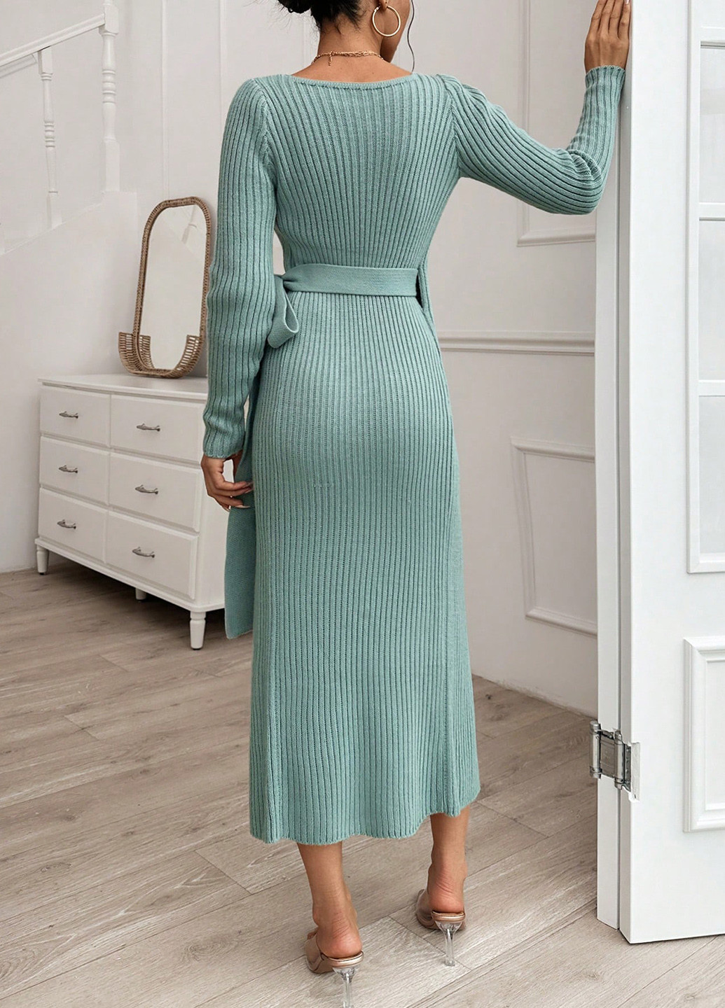 Светло-бирюзовое праздничный, кэжуал платье на запах, платье-свитер SHEIN однотонное