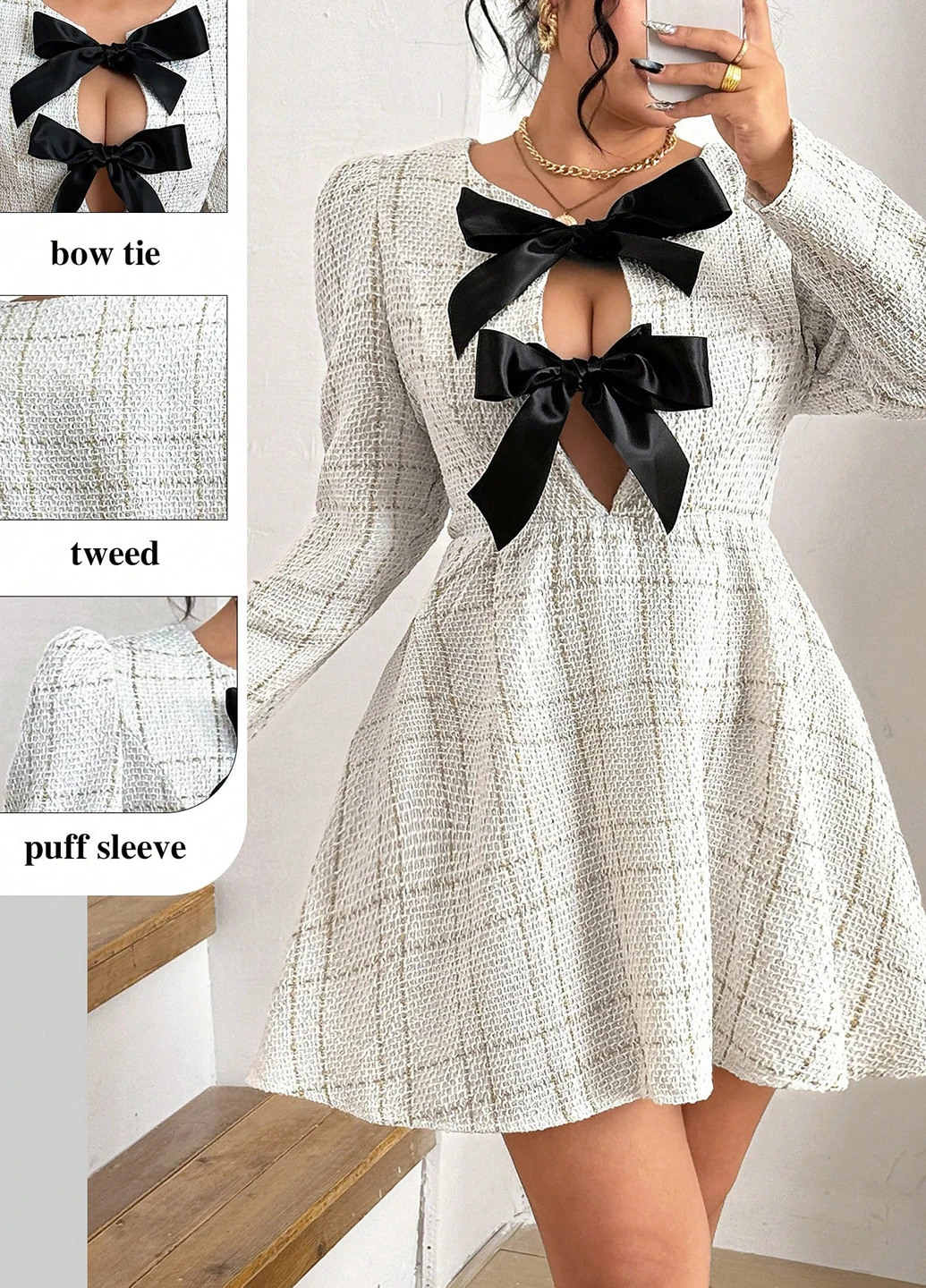 Молочное кэжуал платье а-силуэт SHEIN в клетку