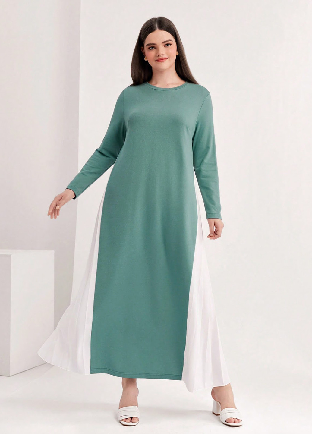 Светло-бирюзовое кэжуал платье платье-свитшот, плиссированное SHEIN однотонное