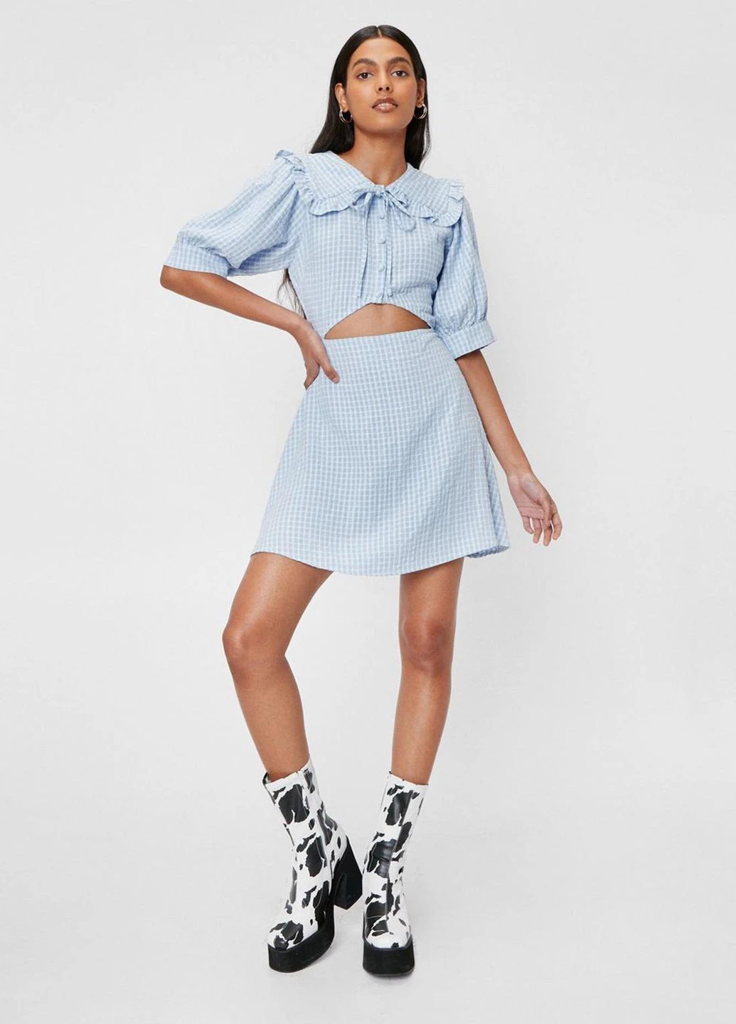 Голубое кэжуал платье клеш Boohoo в клетку
