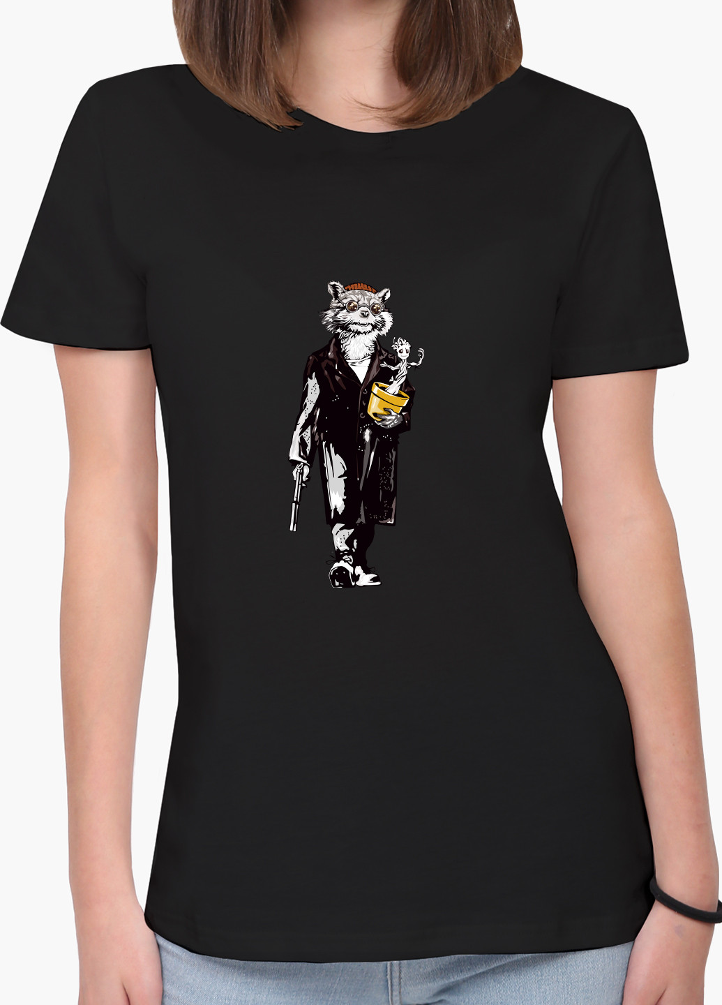 Черная демисезон футболка женская ракета и грут леон киллер (rocket groot leon killer) (8976-2064) xxl MobiPrint
