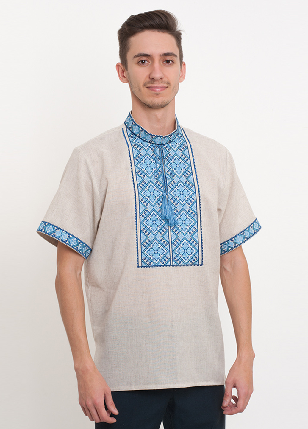 Светло-серая кэжуал рубашка с орнаментом Vyshyvanka с коротким рукавом