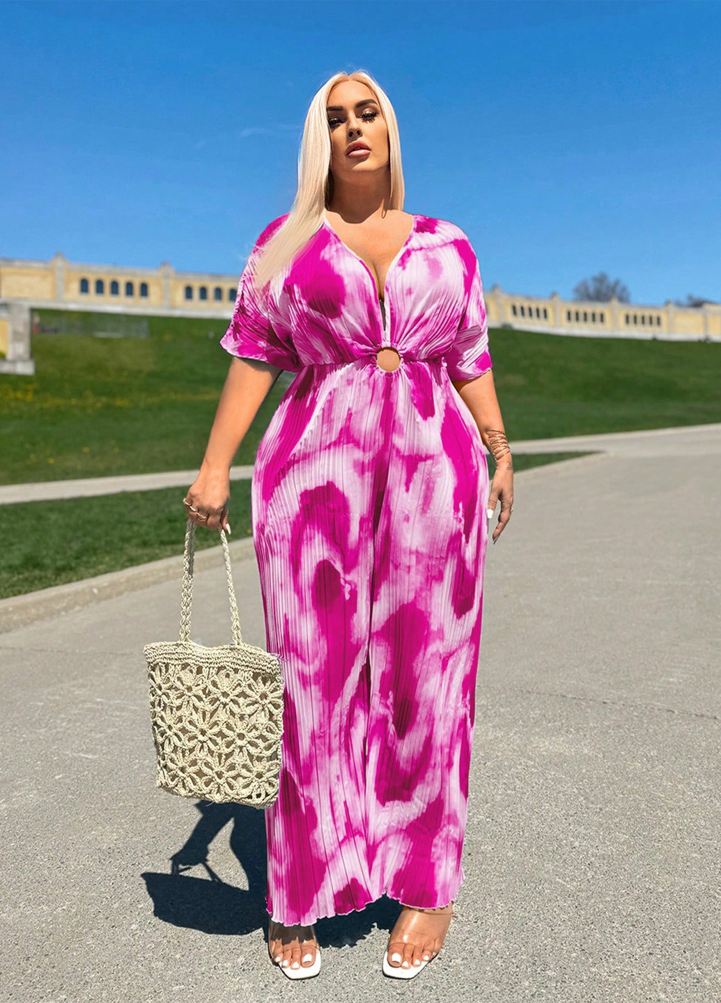 Комбінезон SHEIN комбінезон-брюки тай-дай рожево-ліловий кежуал поліестер