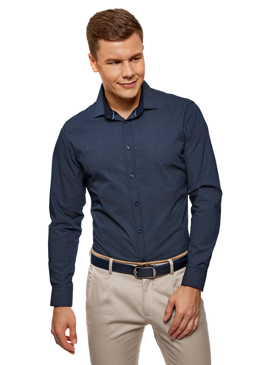 Темно-синяя кэжуал рубашка с геометрическим узором Oodji с длинным рукавом