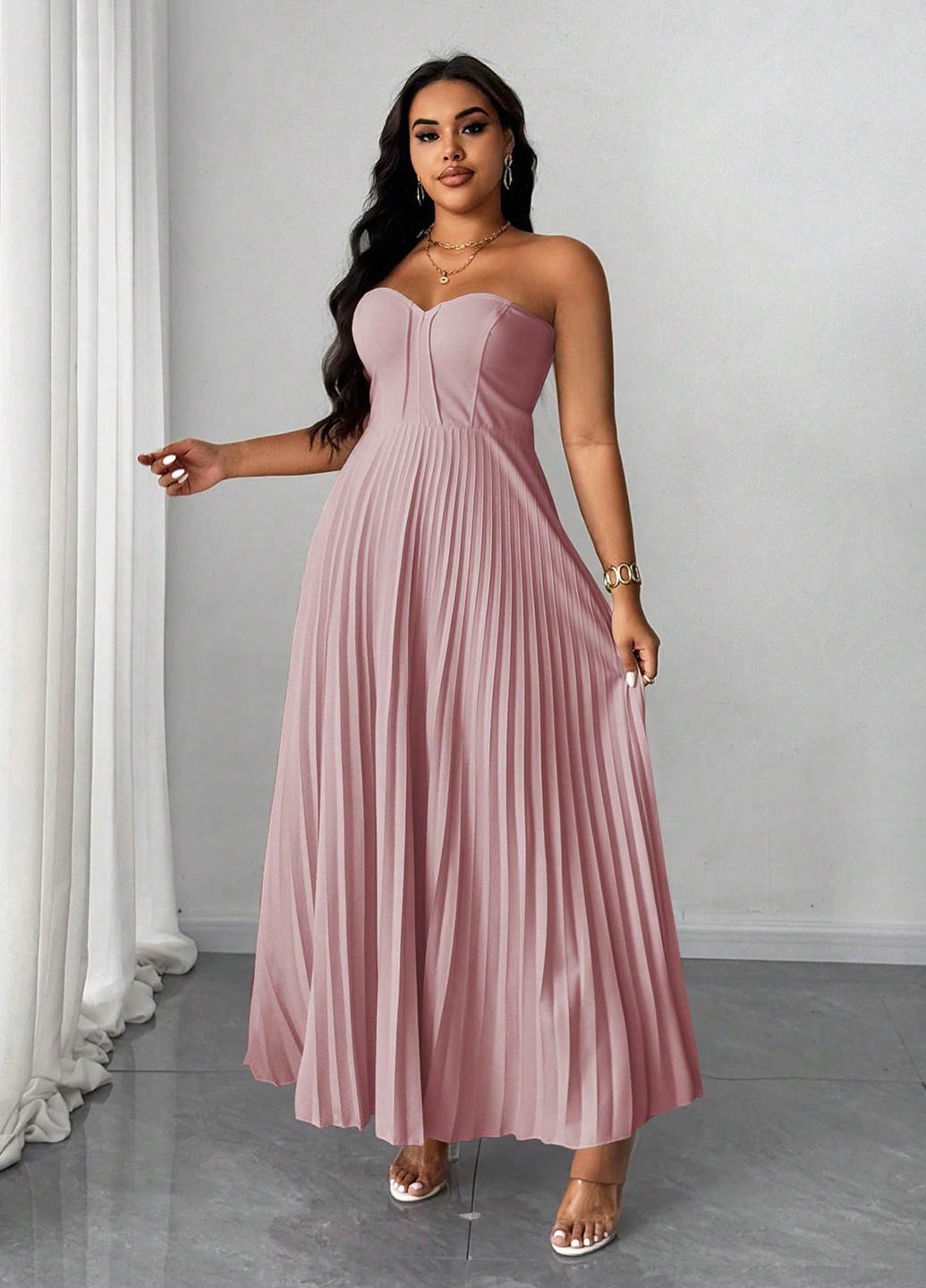Світло-лілова вечірня, святковий сукня кльош, бандо, з корсетом, з відкритими плечима, плісована, з відкритою спиною SHEIN однотонна