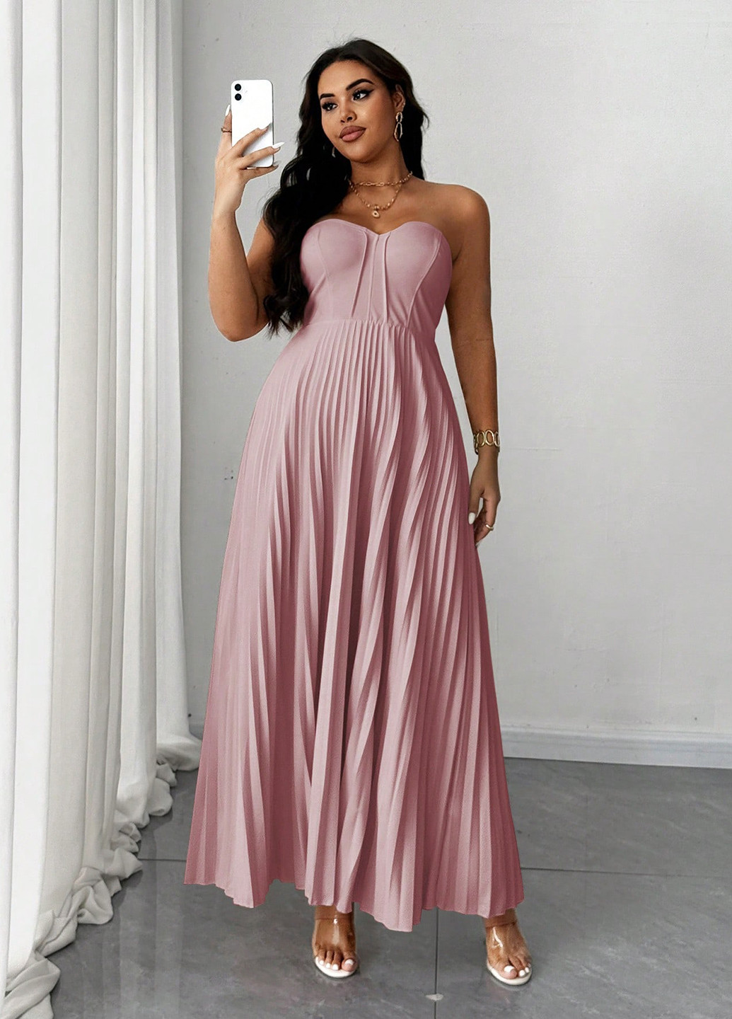 Світло-лілова вечірня, святковий сукня кльош, бандо, з корсетом, з відкритими плечима, плісована, з відкритою спиною SHEIN однотонна