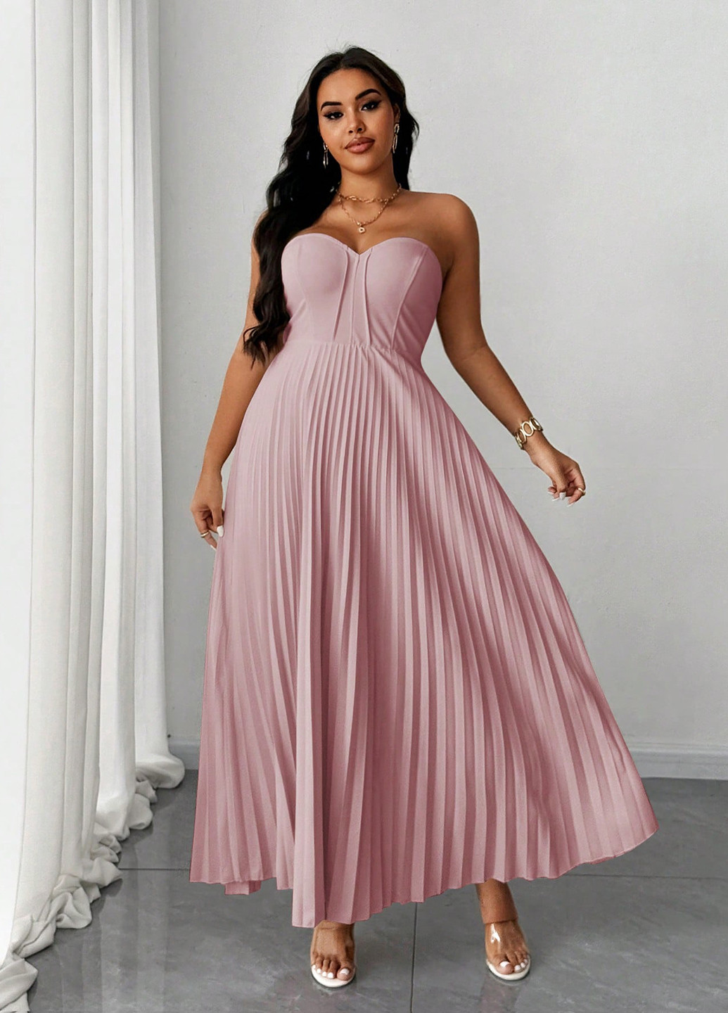 Світло-лілова вечірня, святковий сукня кльош, бандо, з корсетом, з відкритими плечима, плісована, з відкритою спиною SHEIN однотонна