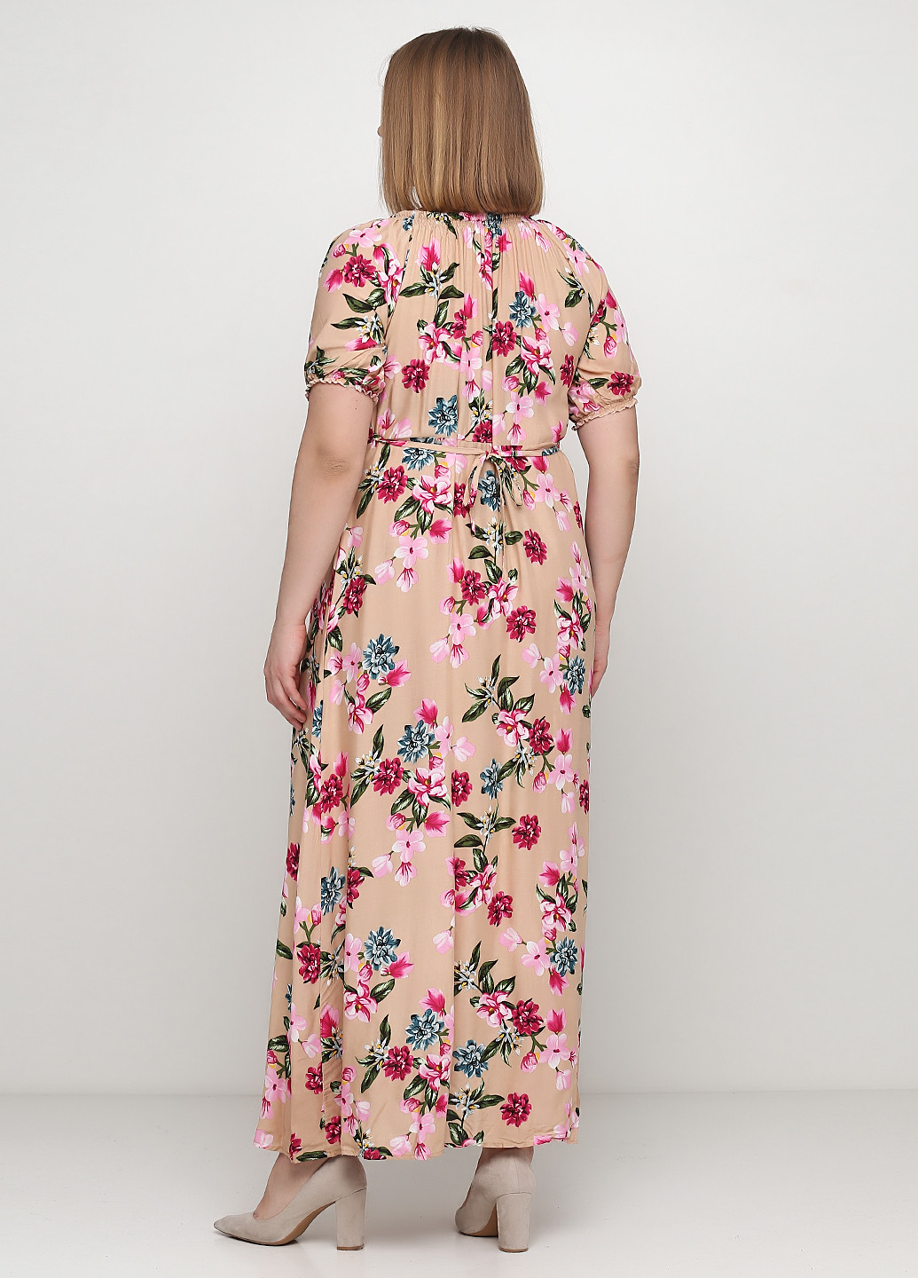 Бежевое кэжуал платье а-силуэт Bon Voyage с цветочным принтом