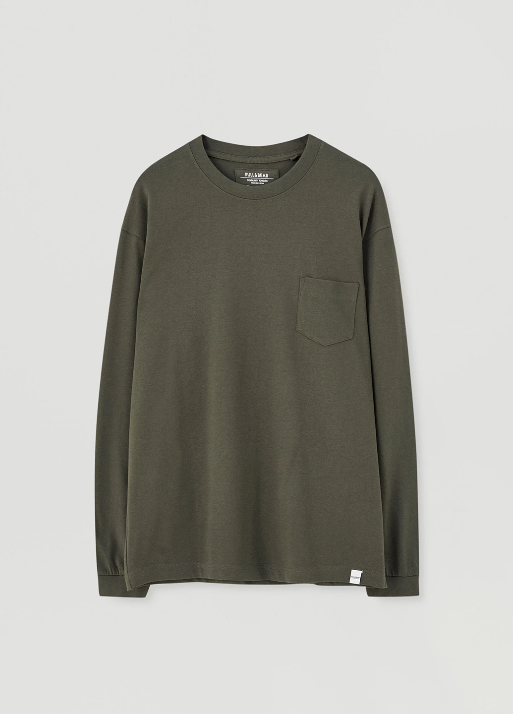 Лонгслів Pull & Bear однотонний сіро-зелений кежуали бавовна, трикотаж