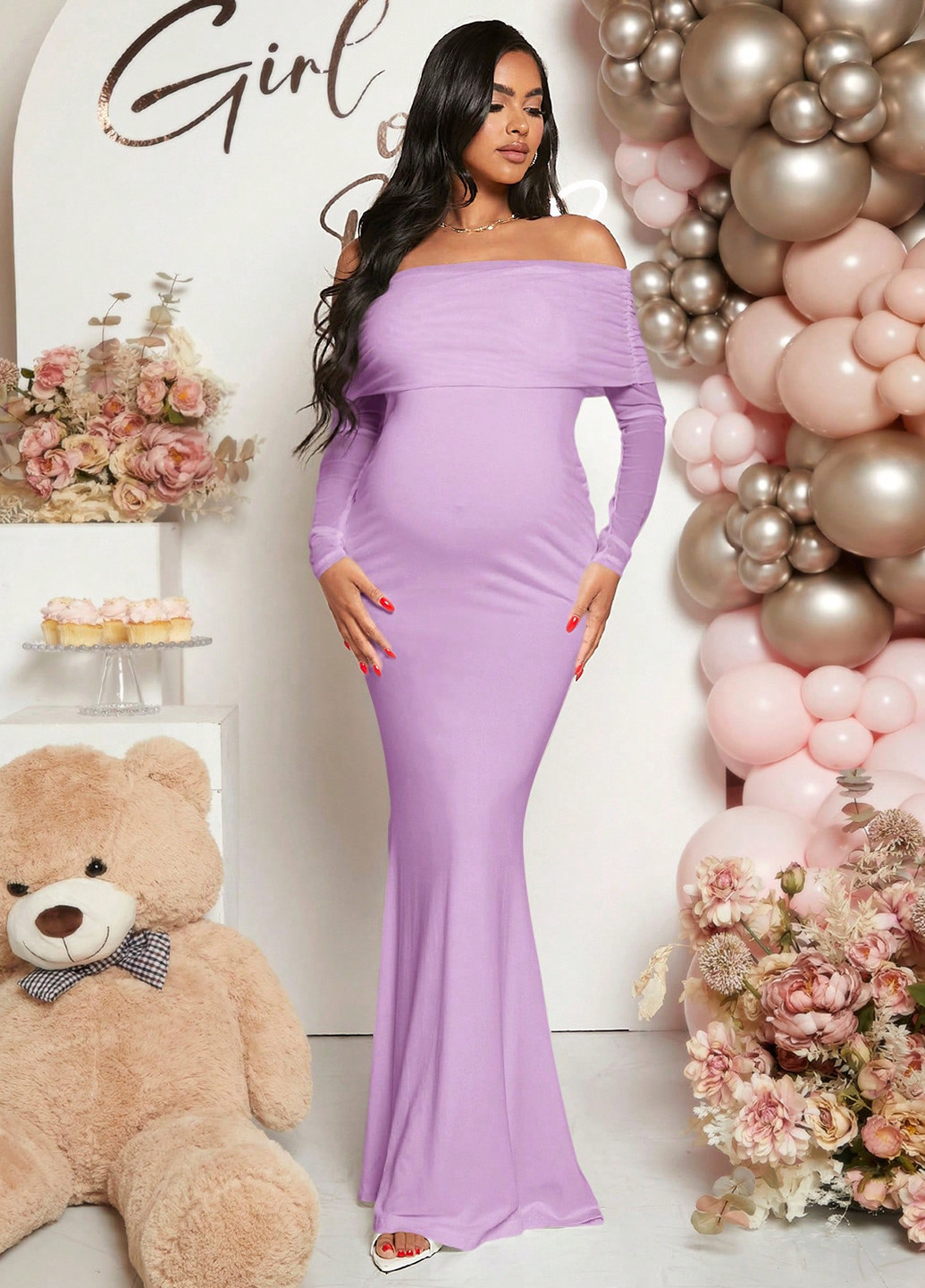 Сиреневое праздничный платье для беременных годе, с открытыми плечами SHEIN однотонное