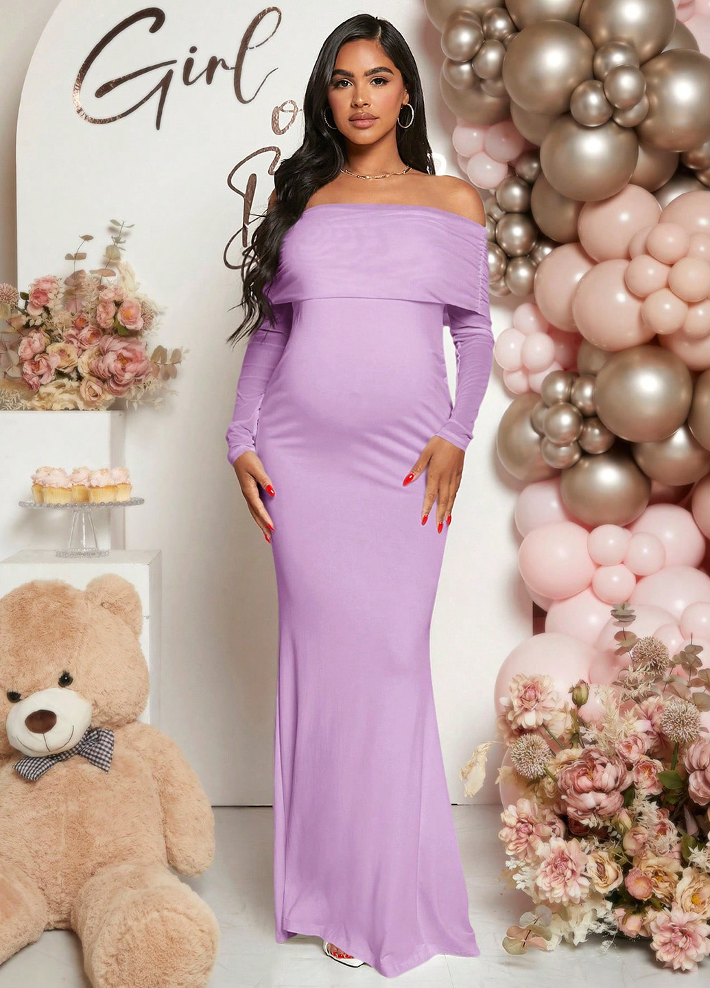 Сиреневое праздничный платье для беременных годе, с открытыми плечами SHEIN однотонное