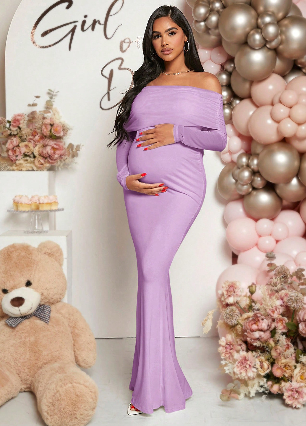 Сиреневое праздничный платье для беременных годе, с открытыми плечами SHEIN однотонное