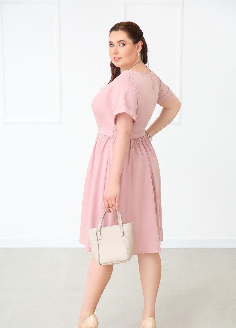 Розовое повседневный женское платье миди с короткими рукавами Fashion Girl однотонное