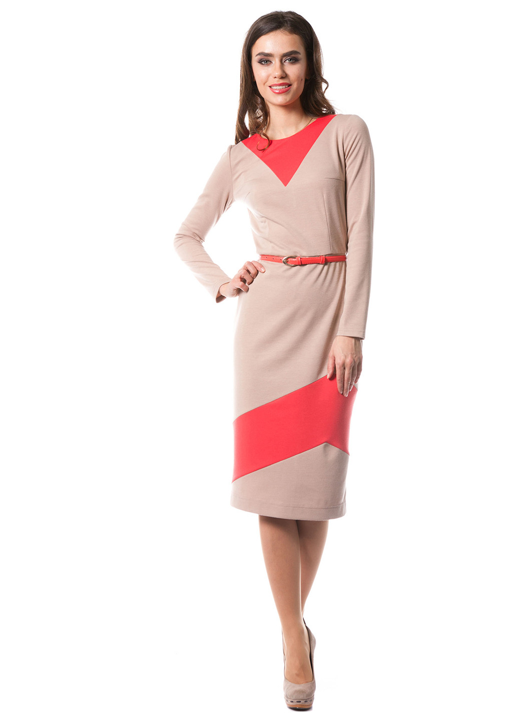 Бежевое кэжуал платье с длинным рукавом Evercode однотонное