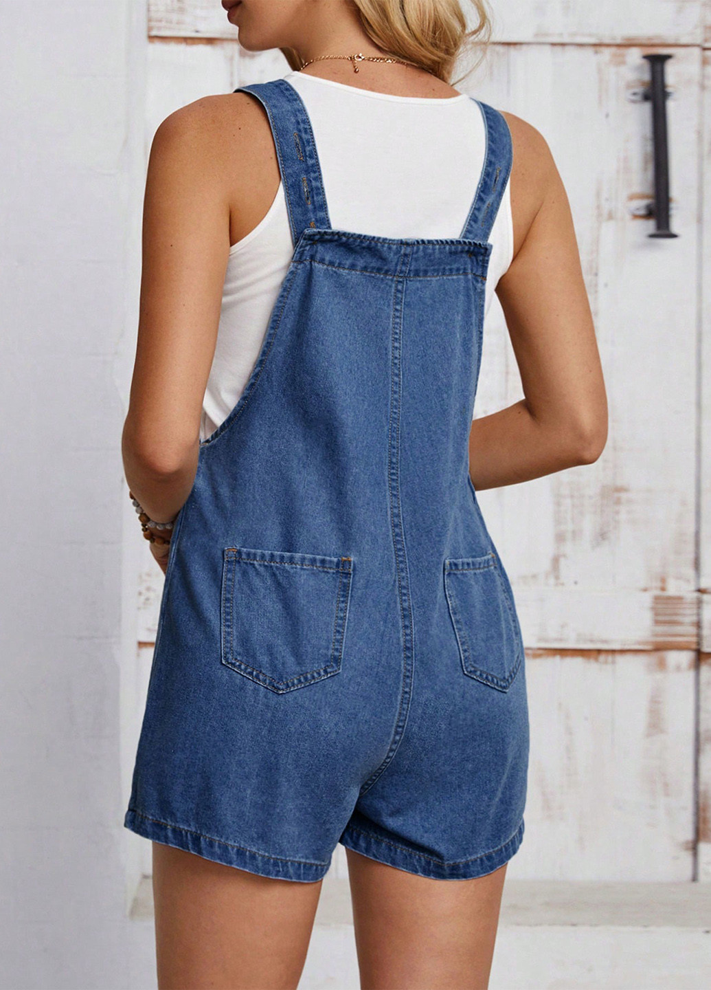Комбинезон SHEIN комбинезон-шорты однотонный синий денил хлопок, джинс