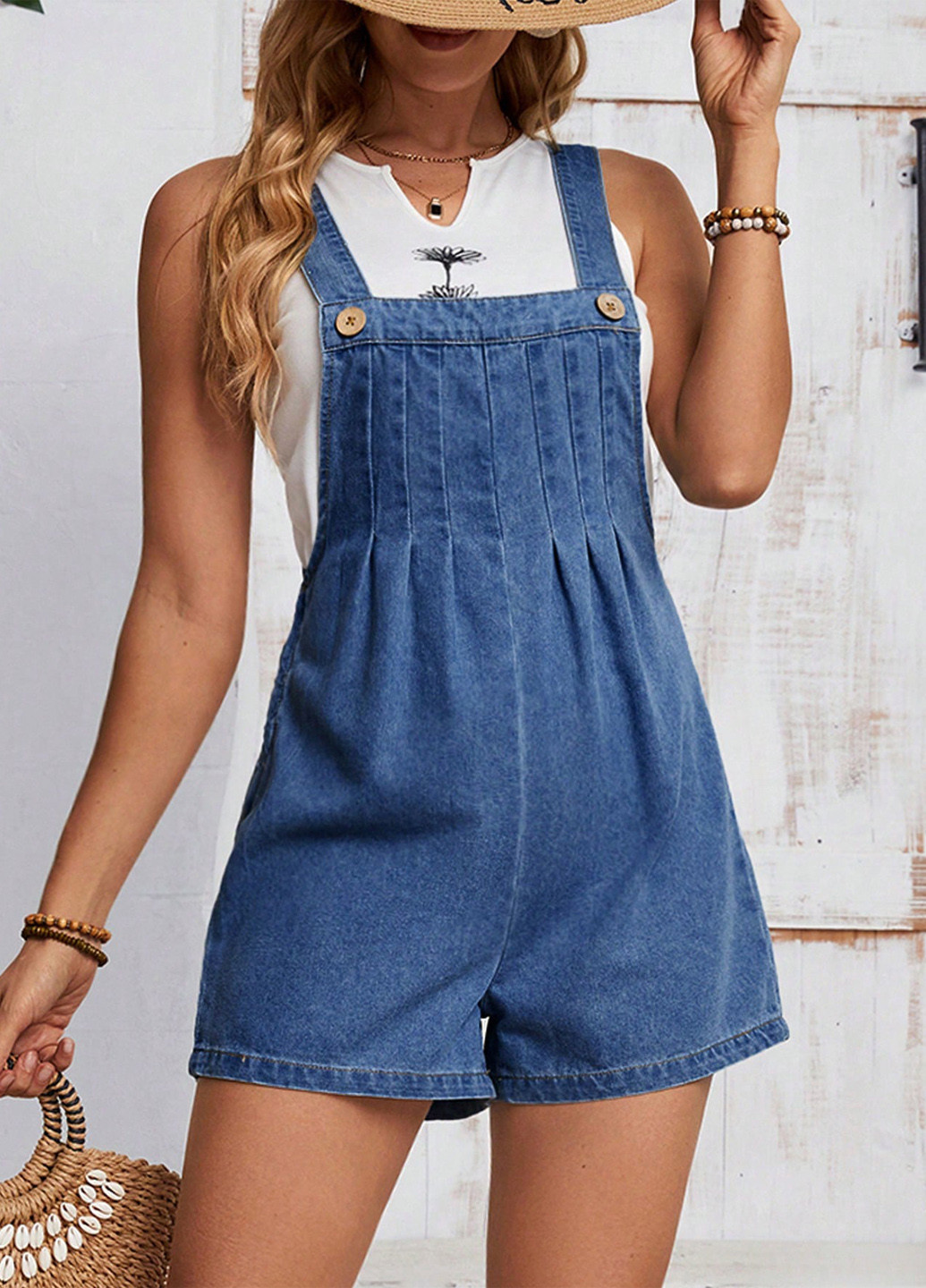 Комбинезон SHEIN комбинезон-шорты однотонный синий денил хлопок, джинс
