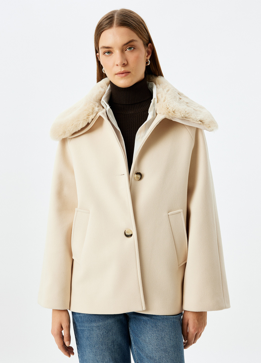 Бежевое Кэжуал полупальто однобортное KOTON однотонное