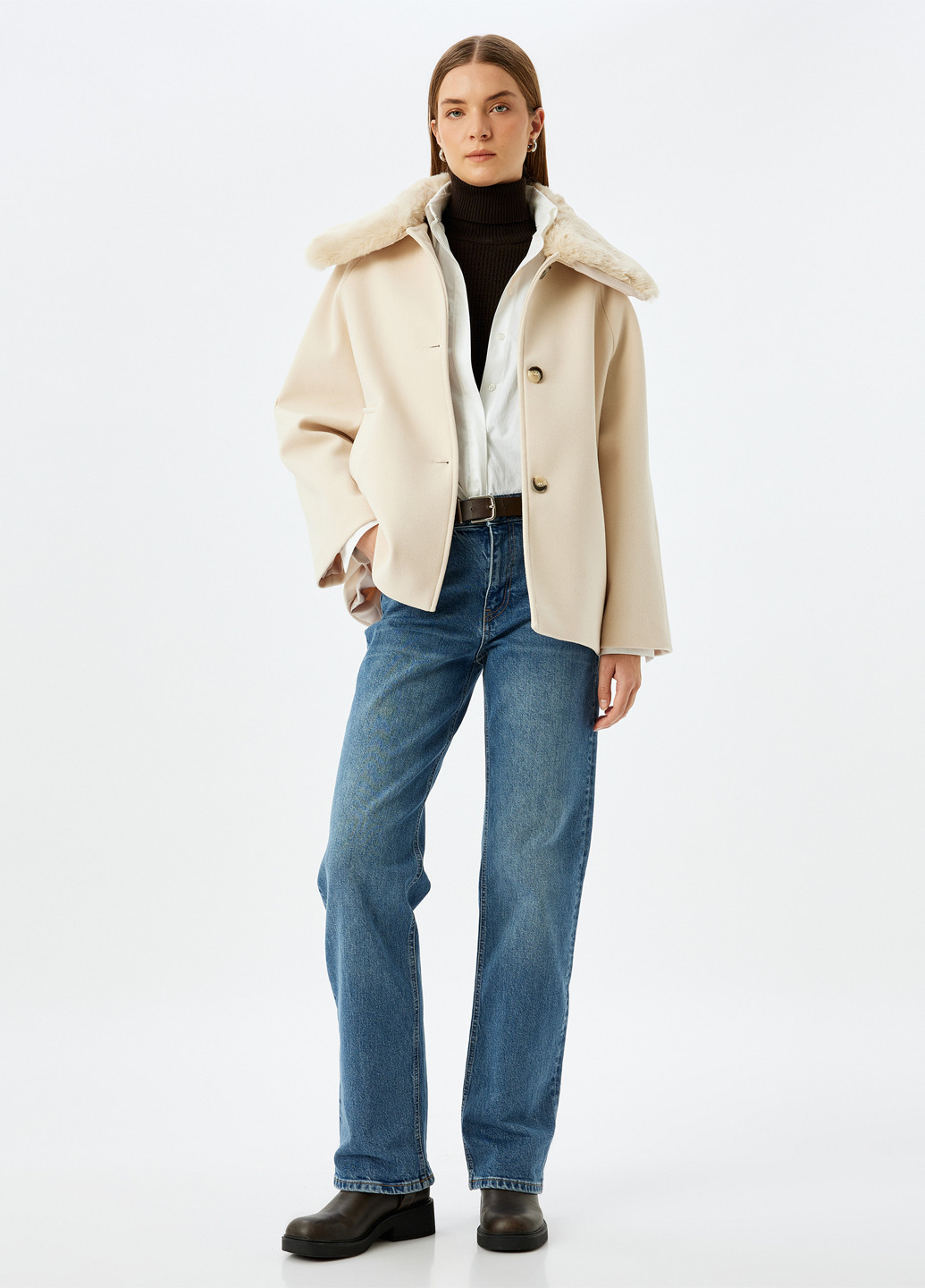 Бежевое Кэжуал полупальто однобортное KOTON однотонное