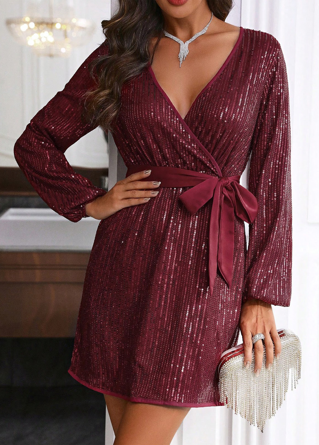 Бордова вечірня сукня на запах SHEIN однотонна