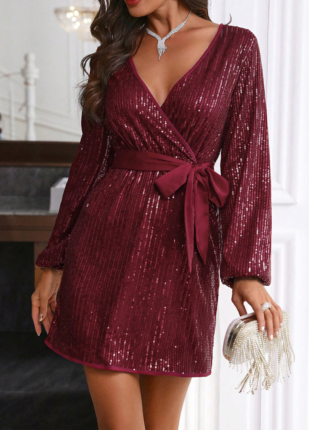 Бордова вечірня сукня на запах SHEIN однотонна