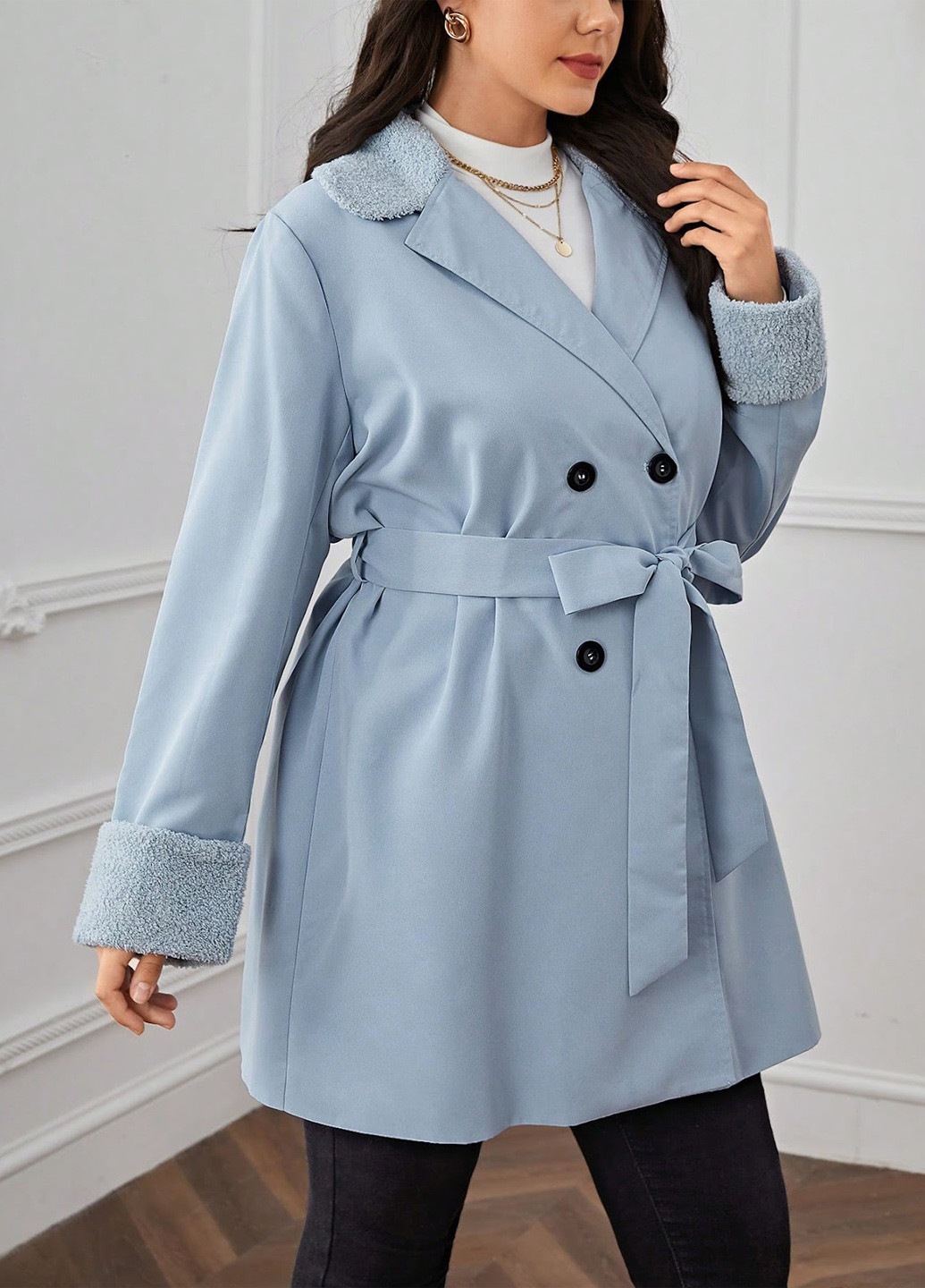 Світло-блакитне демісезонне Пальто двобортне SHEIN