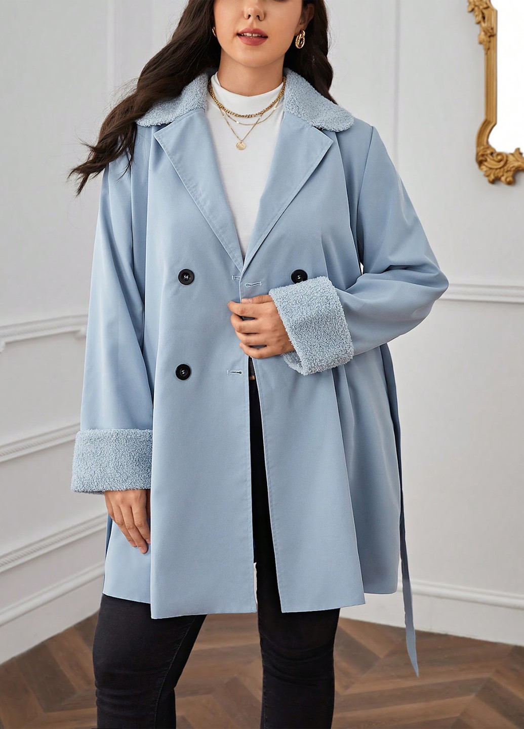 Світло-блакитне демісезонне Пальто двобортне SHEIN
