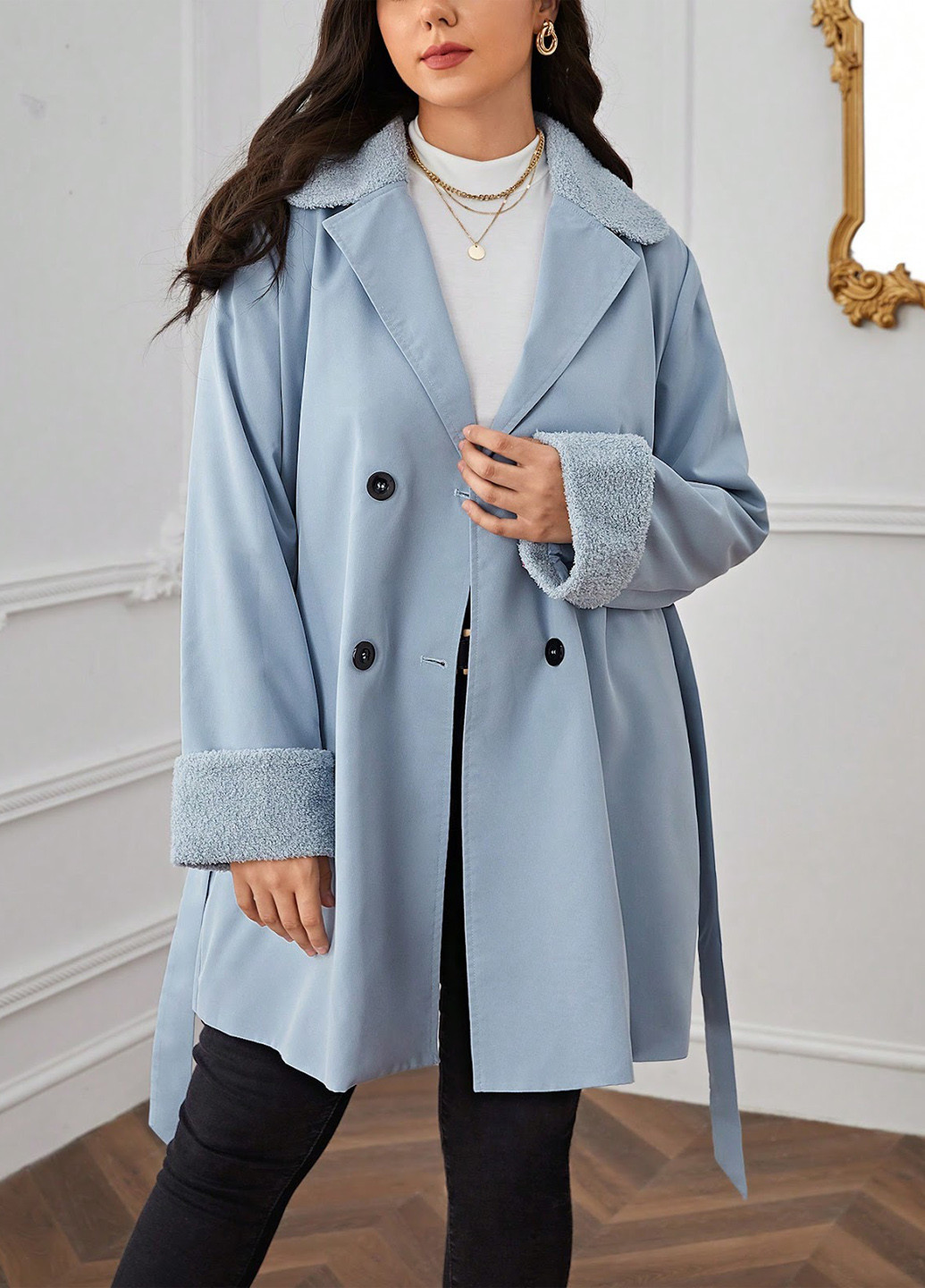 Світло-блакитне демісезонне Пальто двобортне SHEIN