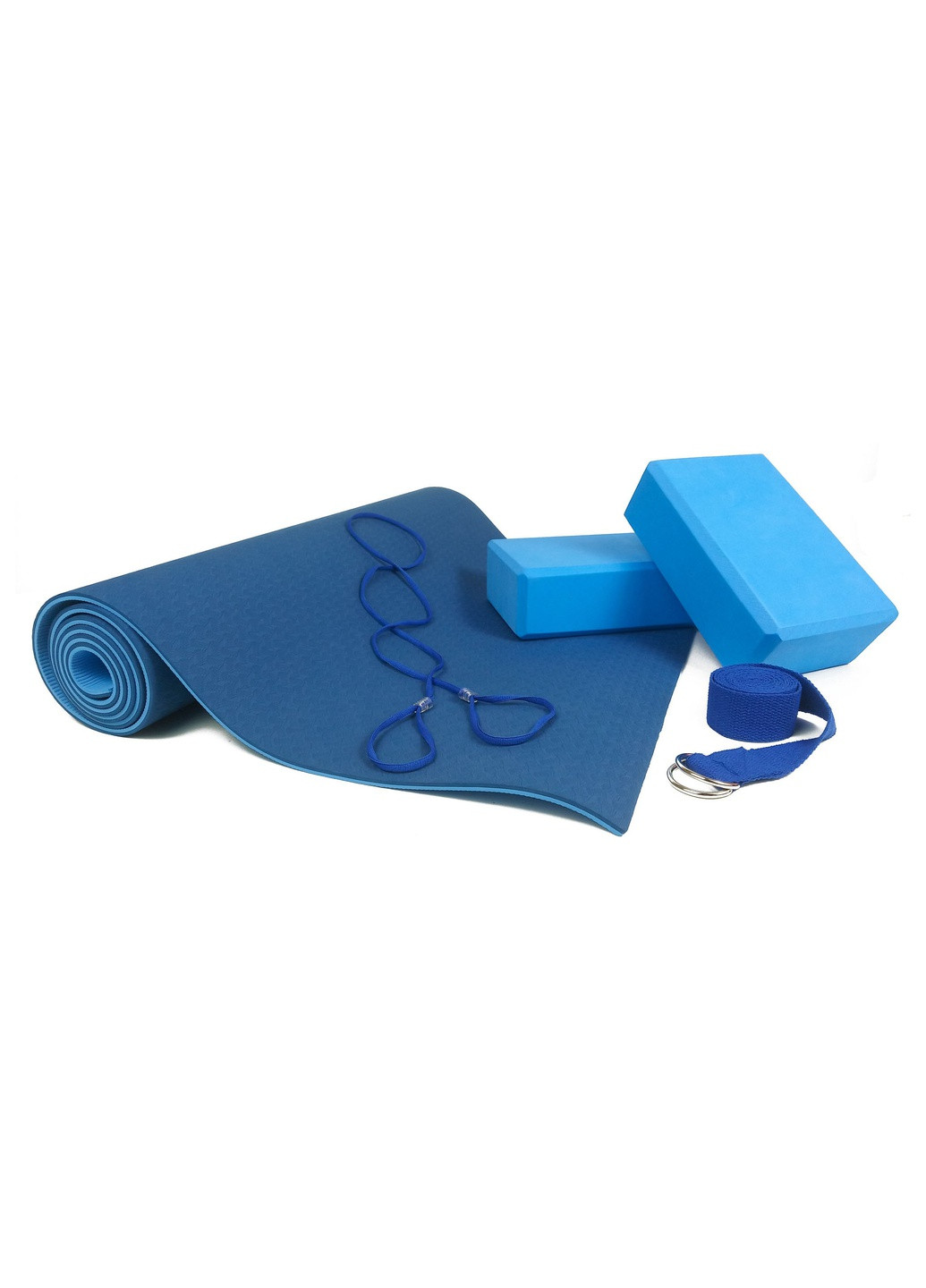 Набор для йоги PRO синий - коврик для йоги (каремат, йогамат для фитнеса), два блока (кирпича) и ремень (лямка) EasyFit (241229816)