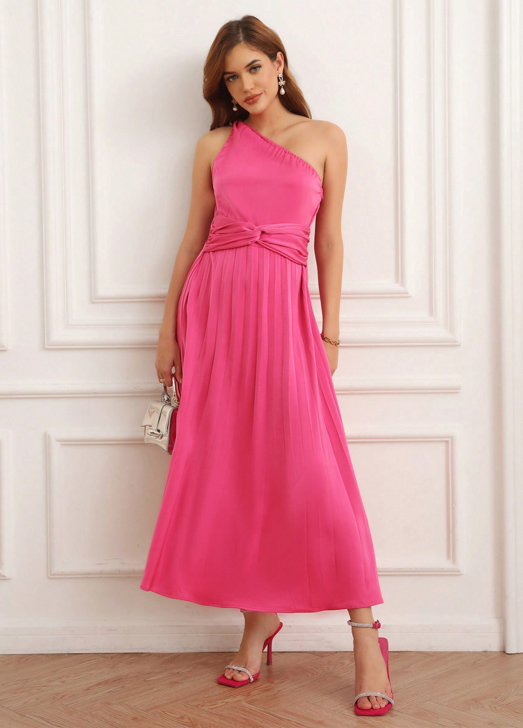 Темно-рожева коктейльна, кежуал сукня кльош, плісована, на одне плече SHEIN однотонна