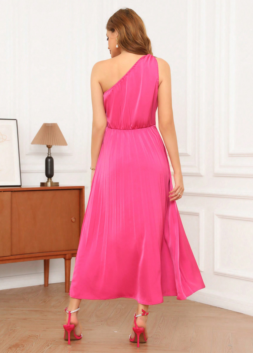 Темно-рожева коктейльна, кежуал сукня кльош, плісована, на одне плече SHEIN однотонна