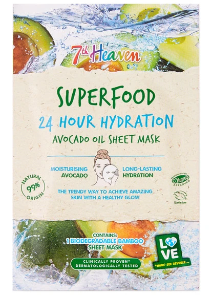 Тканинна маска для обличчя з олією авокадо Superfood 24H Hydration Avocado Oil Sheet Mask 7th Heaven (250116487)